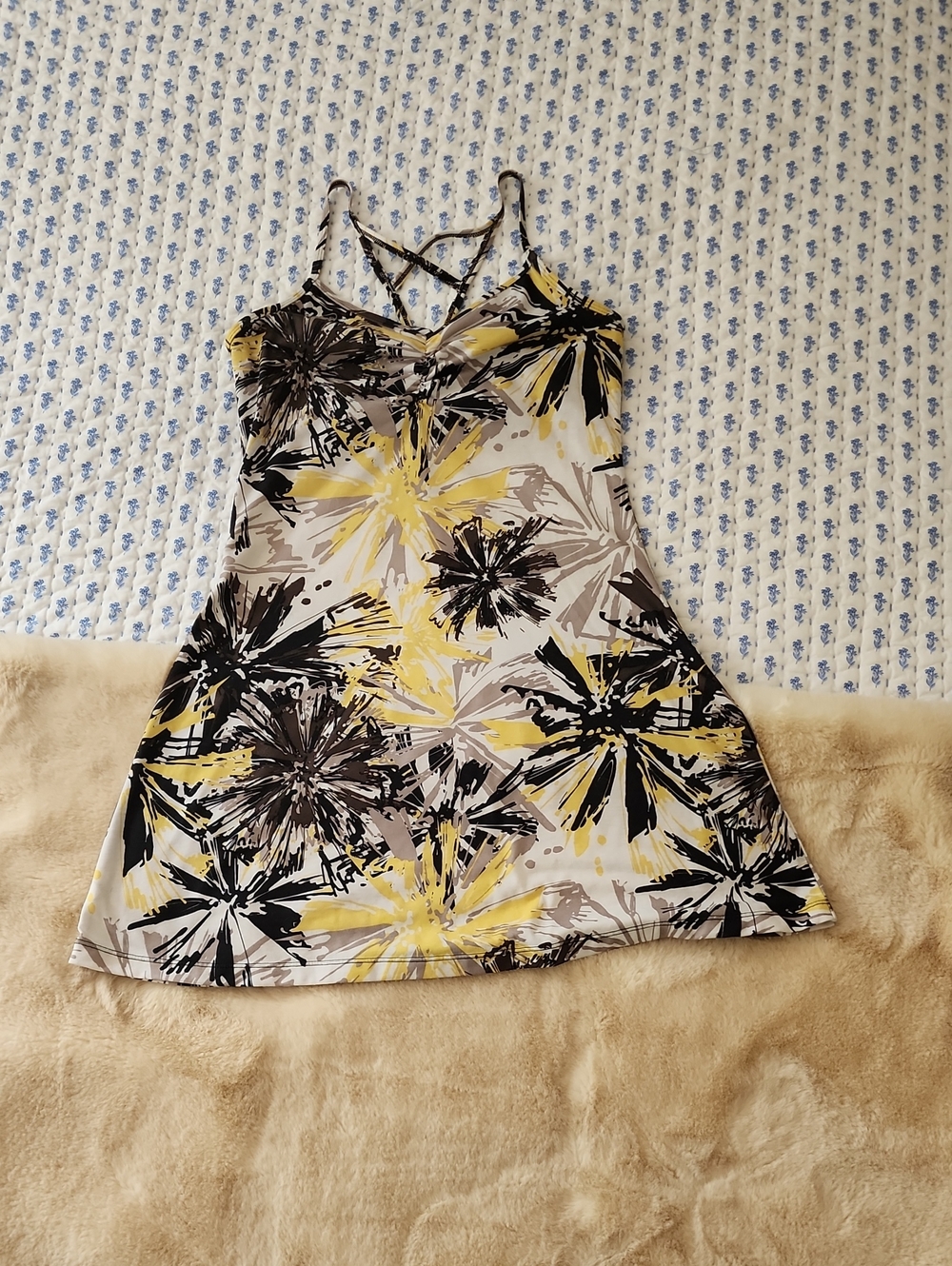 prAna Floral Strappy Active Dress Built In Bra Yellow Black Women’s Small